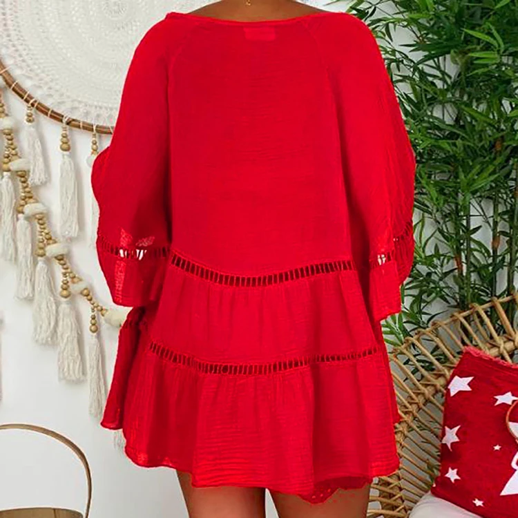 Plus Curve 5XL Loose Trumpet Sleeve Eyelet Embroidery Tunic Ruffle Hem Dress