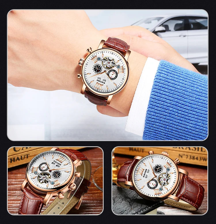 KINYUED J017-4 Gold Case Black Dial Leather Strap Complete Calendar Skeleton Waterproof Wristwatches montre homme