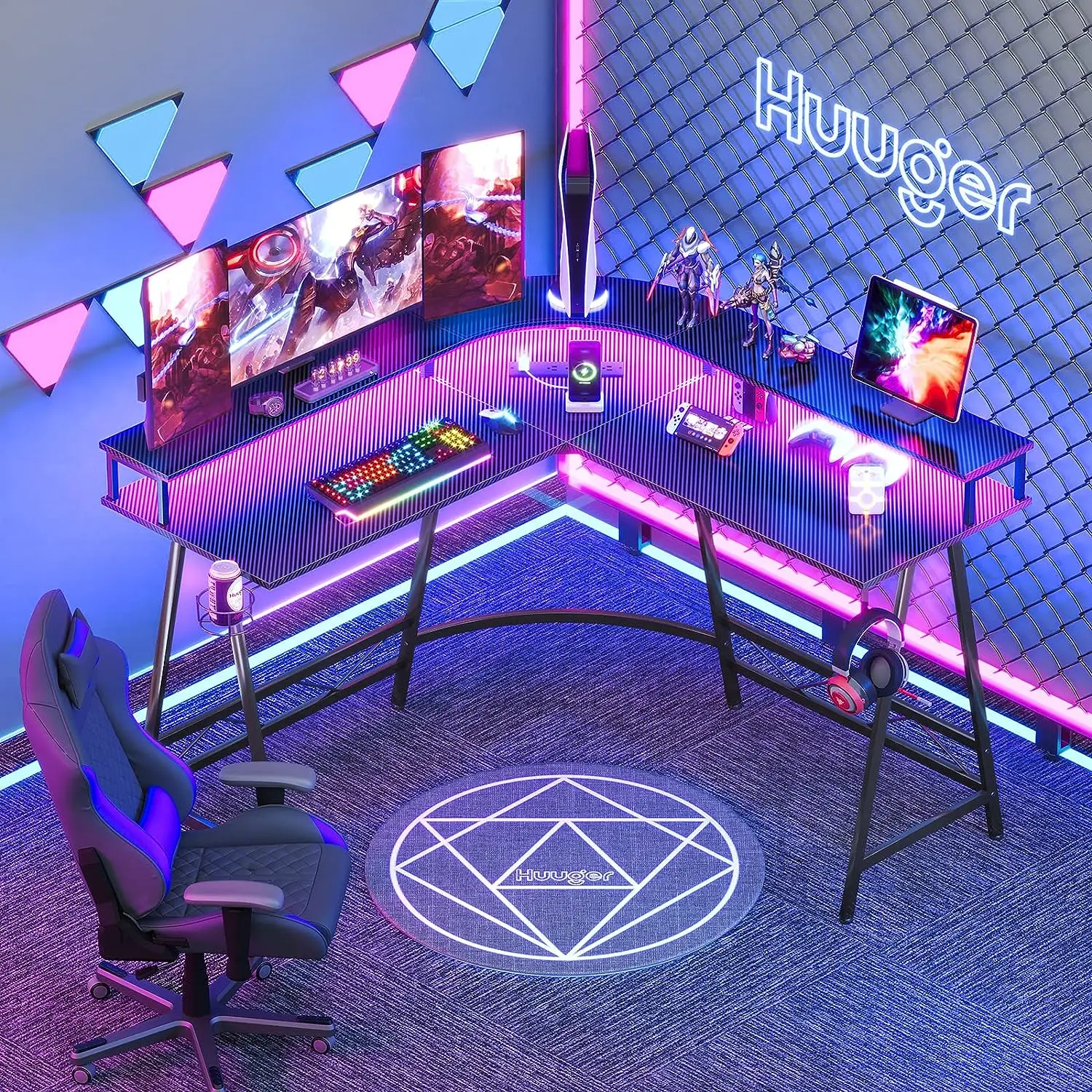 Деревянный L-образный компьютерный стол, игровой стол для учебы, игровой стол для домашнего офиса с Rgb светодиодными лампами, логотип на заказ