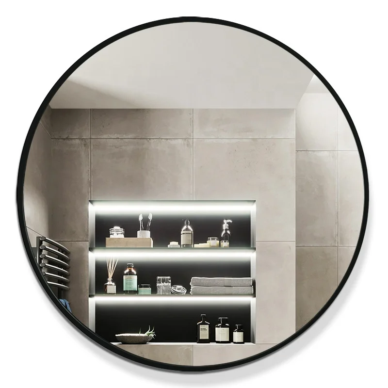 Gold Black Silver Aluminum Alloy Large Metal Frame Circle Round Brushed Mounted Bathroom Wall Mirror