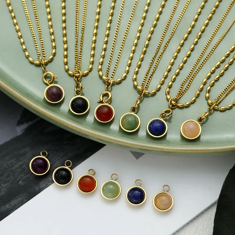 2022European and American retro metal rice beads double-layer necklace natural stone agate pendant clavicle chain 18Kgold plated