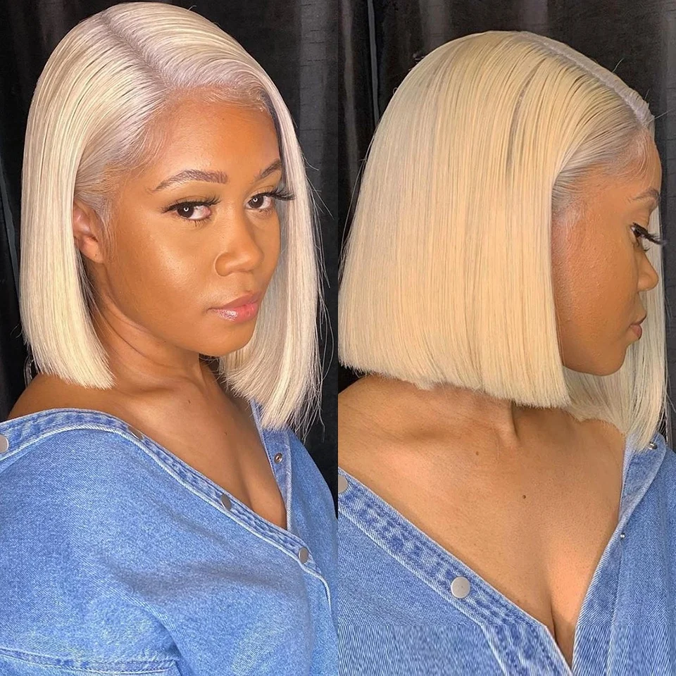 Fuxin Wholesale Short Lace Front Wigs for Black Women Hd Lace Bone Straight Human Hair Wig 360 Full Lace 613 Blond Color Bob Wig