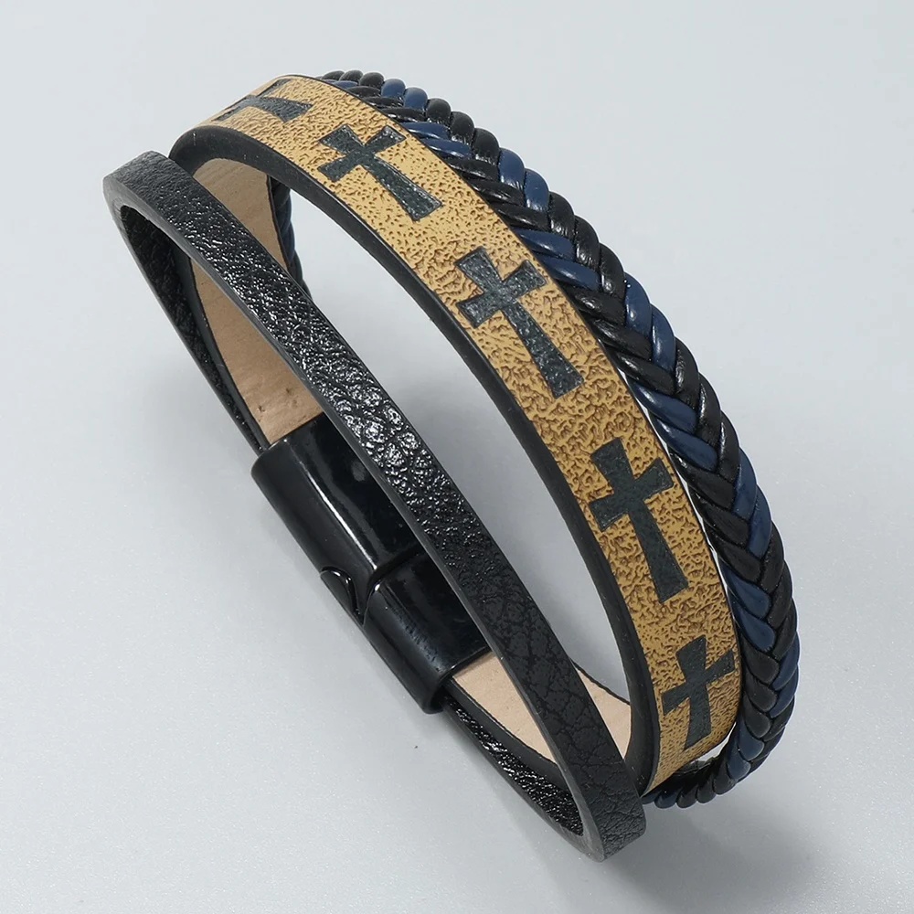 Wholesale Vintage jewelry bracelets bangles Engrave Cross PU leather bracelet for men women
