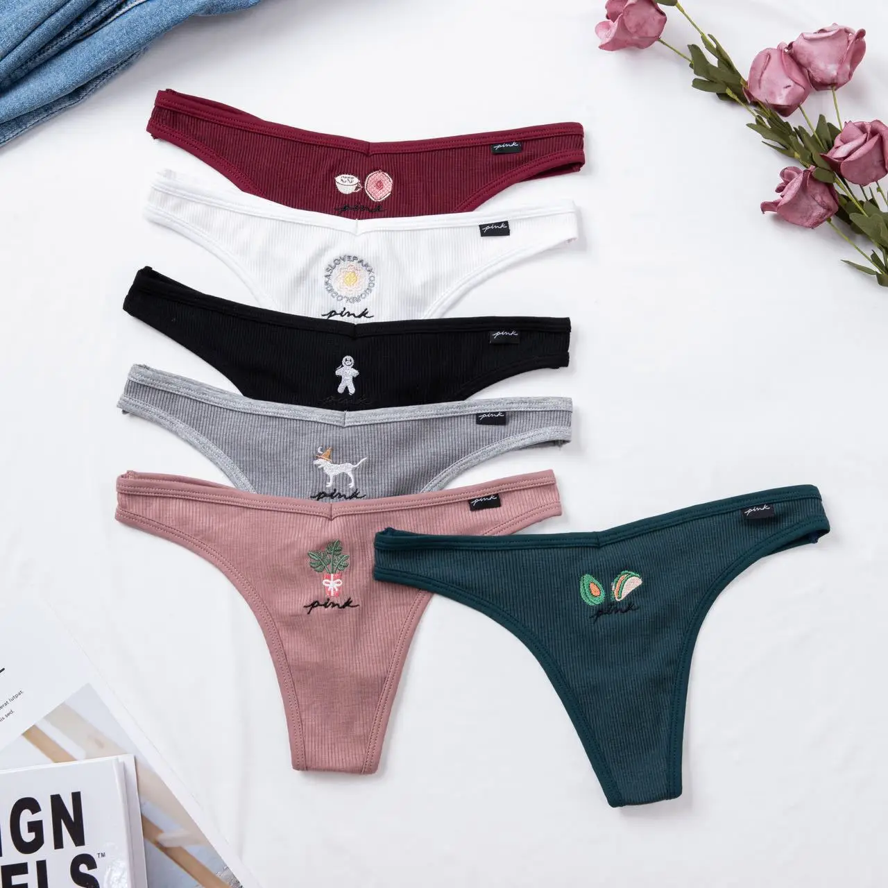 Women Cotton Ribbed Underwear Women Panties Thong Low Waist Cute Secret PINK Brand T Back Lingerie Brief Seamless Panty 0561