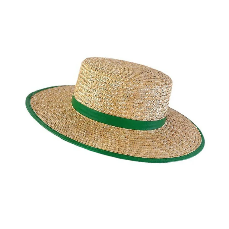 Hot selling solid ladies beach sun protection Green brimmed straw Women fashion flat top Jazz hat
