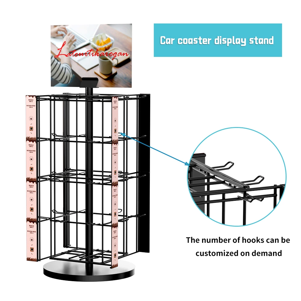 4-Sides Retail Rotating Metal Wire Car Coaster Counter Display Stand with 32 Hooks