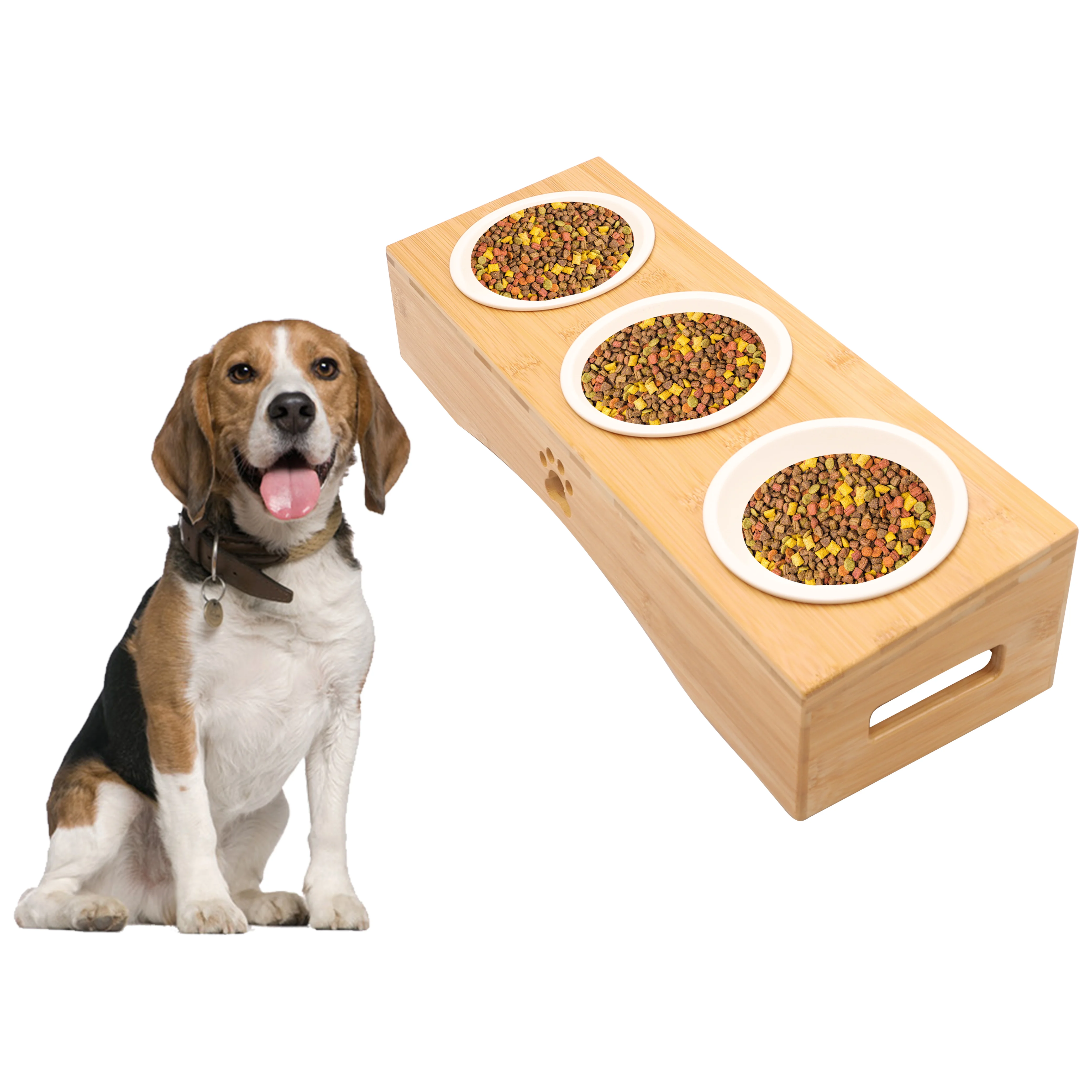 Home Elevated Triple Feeder Raised Pet Bowls with nature bamboo Stand for Cats and Small Dogs  Ceramic Cat and Dog Bowl Set