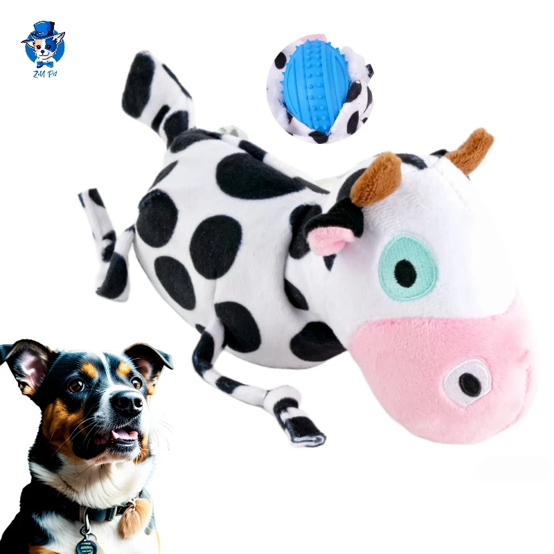 Customized 2 In 1 Dairy Cow Stuffed Animals Dog Toys Squeaky Rubber Ball In Plush Toy  Manufacturing for Dogs
