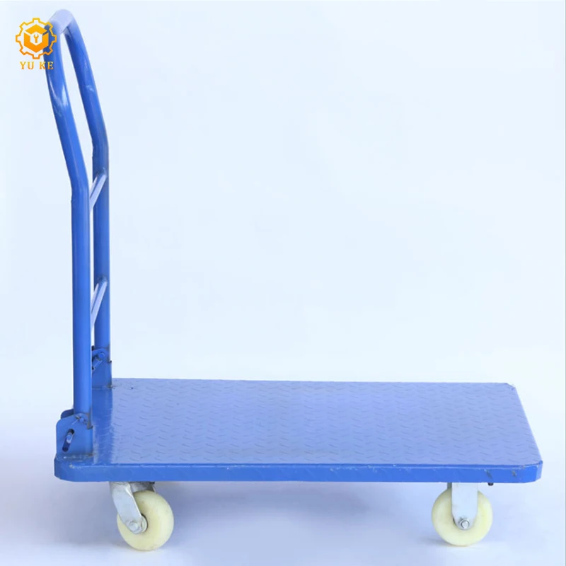 Supermarket store unloading four wheels metal flat cart trolley for drinks