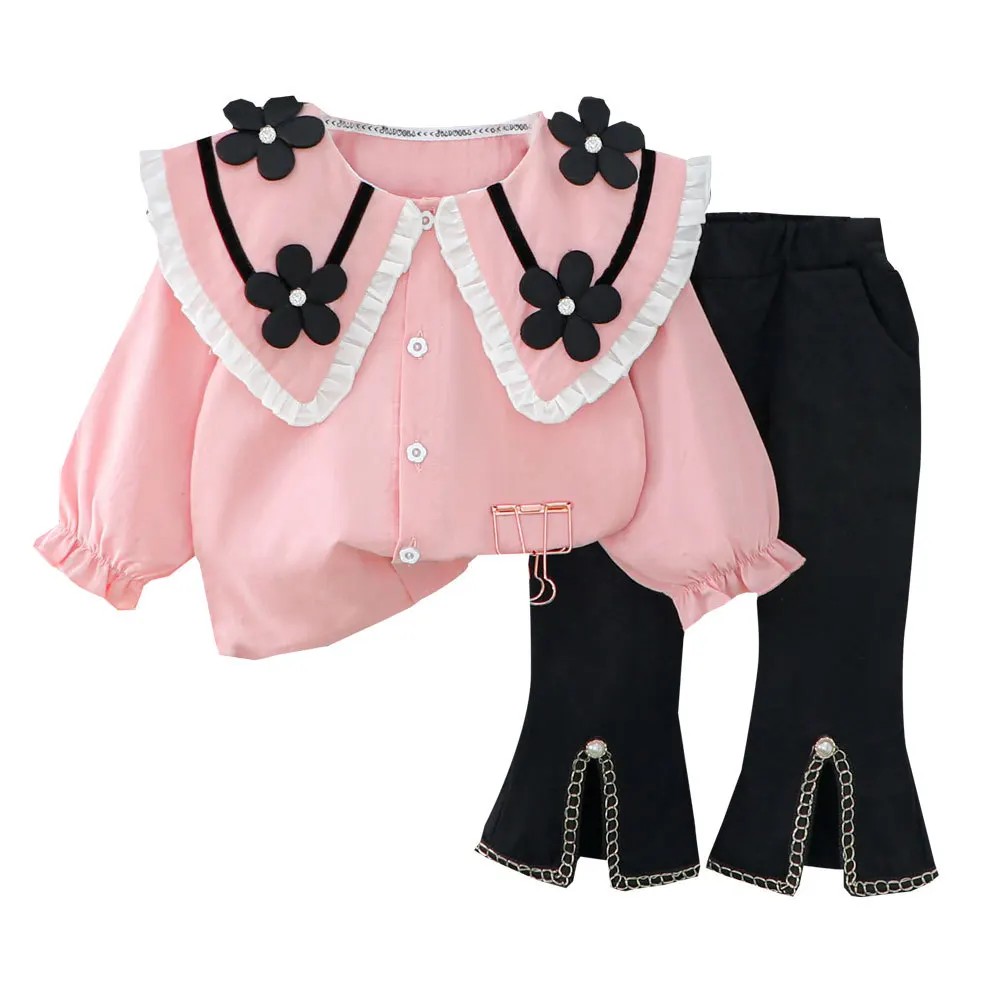 2023 Spring Autumn Baby Girls Outfit Long Sleeve Flower Doll Collar Shirt Slit Pants 2Pcs Kids Suit Wholesale Children Clothing