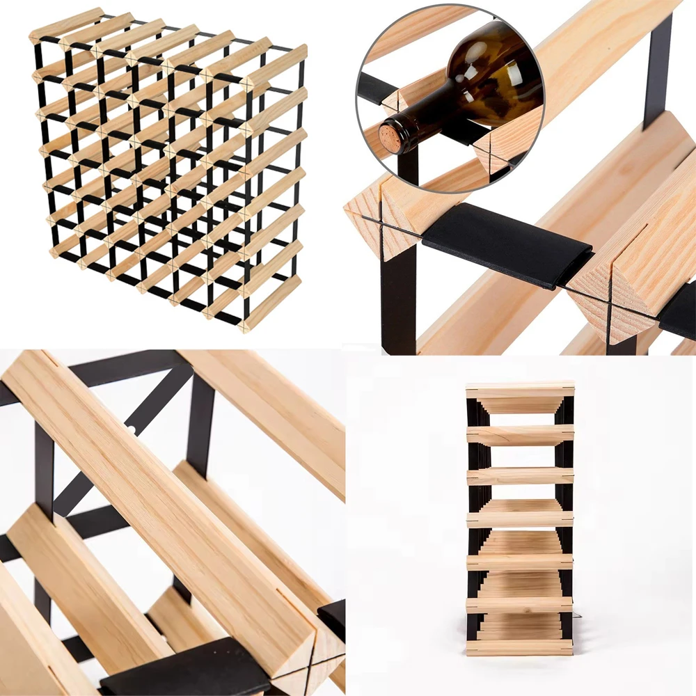 Home Bar Decor Solid Wood Wine Holder 72 Bottles Wine Bottle Display Shelves Custom Stackable Modular Wooden Wine Rack