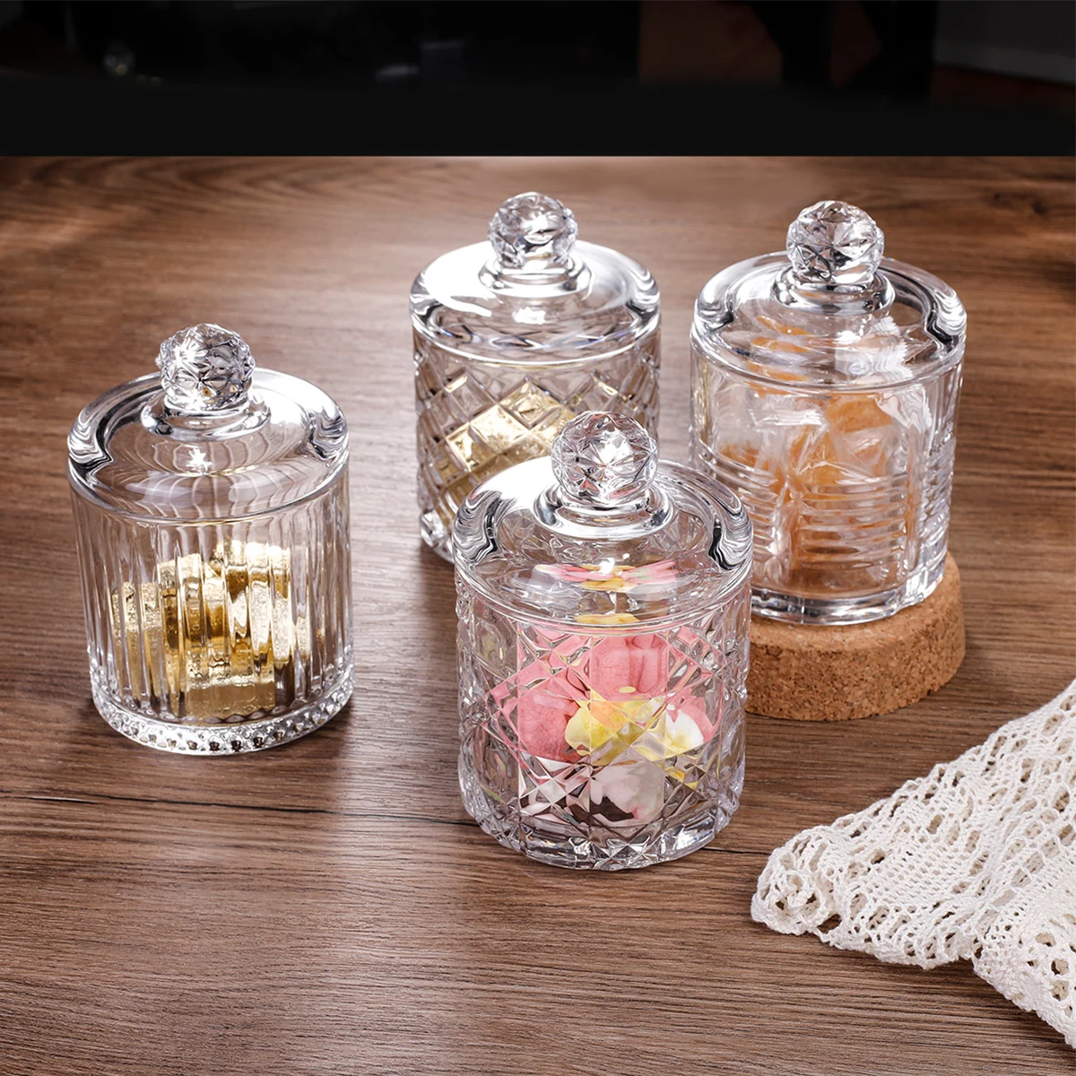 Stock clear engraved glass candy jar 3 layers stackable decorative glass food container with lid glass sugar bowl for cork nut
