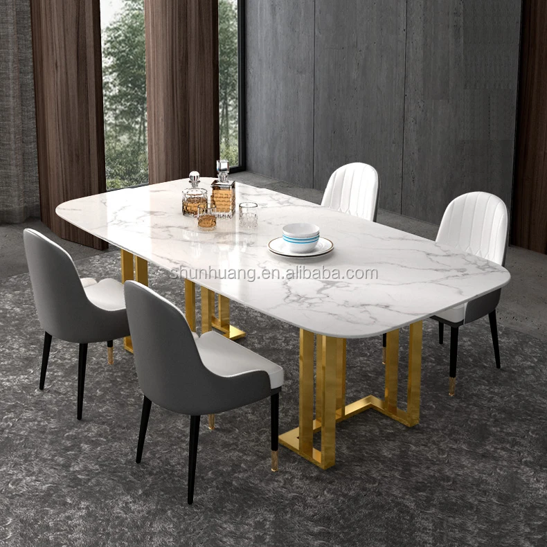 
Elegant style stainless steel dining set kitchen furniture with rectangle marble table 