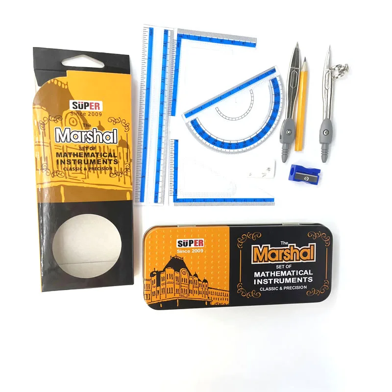 Оптовая продажа Премиум качество металлические канцелярские принадлежности математические наборы 9 шт. в жестяной