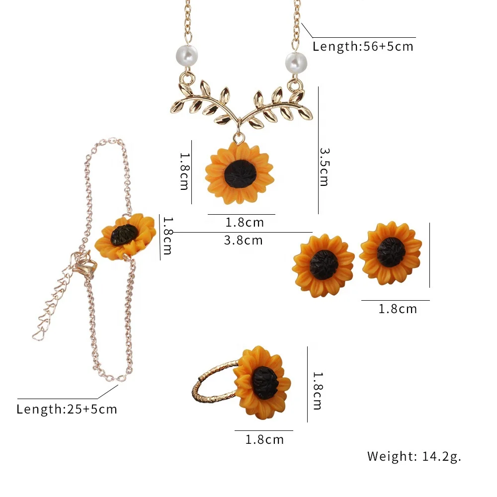 Hot Sale Women 4 pcs Jewelry Set Pearl Sun Flower Rings Earrings and Necklace Set