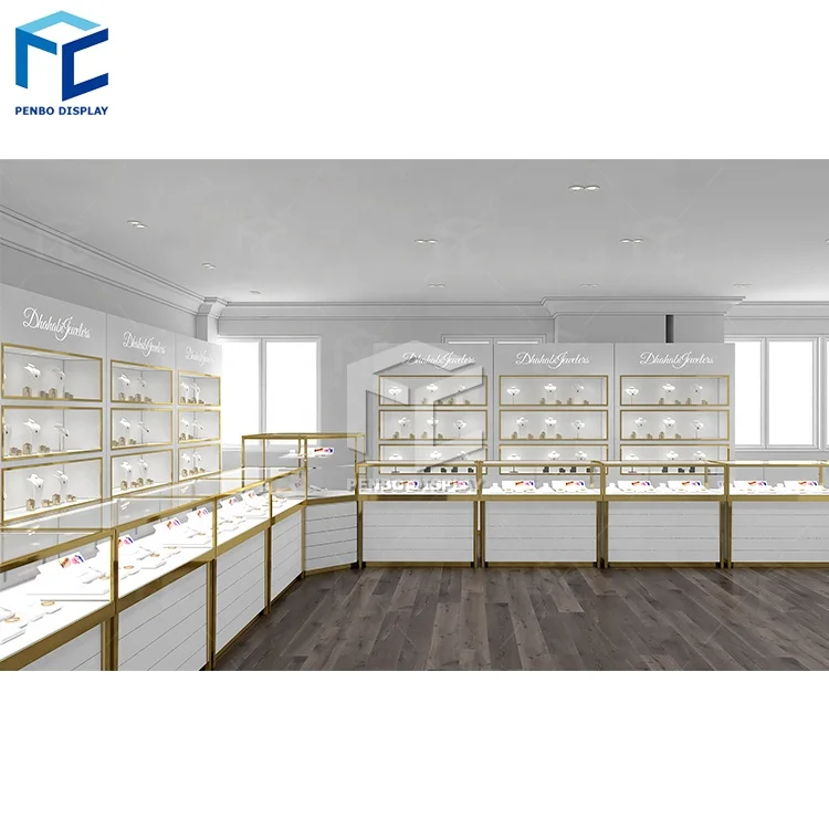 Высококачественный роскошный золотой ювелирный магазин витрина серебряный орнамент дизайн интерьера магазина МДФ для ювелирных изделий стекло