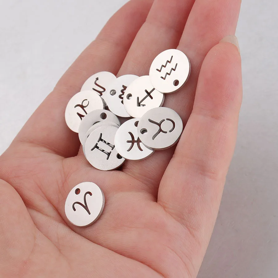 12Pcs/Set Round Hollow Out 12 Zodiac Sign Coin Accessories Stainless Steel Horoscope Necklace Pendants Charms for Jewelry Making