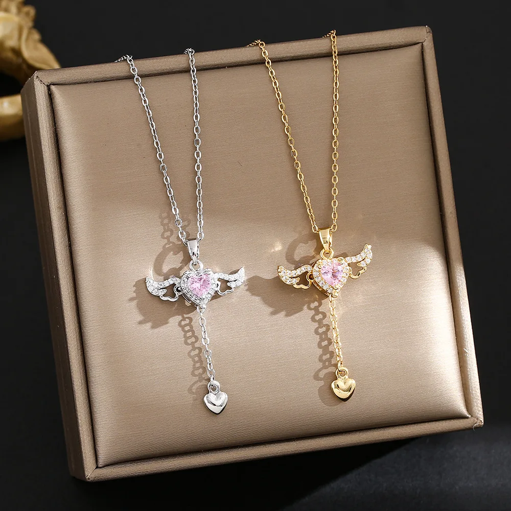 Cupid Angel Wings Love Necklace for Women Small Wings Tassel Pendant on Clavicle Chain Classic Style for Gifts Weddings Parties