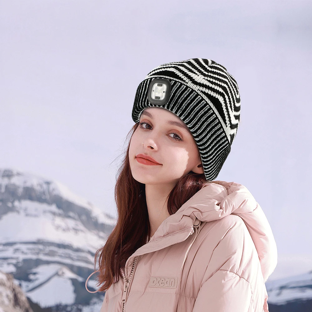 High Quality Outdoor Winter Night Warm USB Rechargeable Led Lighting Unisex Knitted Beanie Headlamp Cap Hot Sale