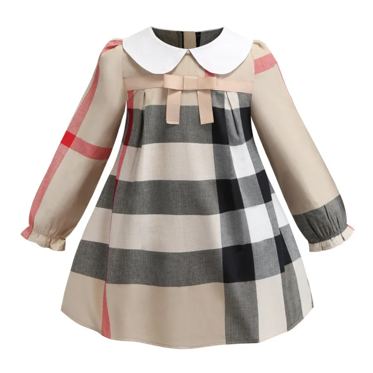 2021 Autumn  New Design Boutique Kids Girls Clothing 100%Cotton Long Sleeve Children Elegant Plaid Dresses With Peter Pan Collar