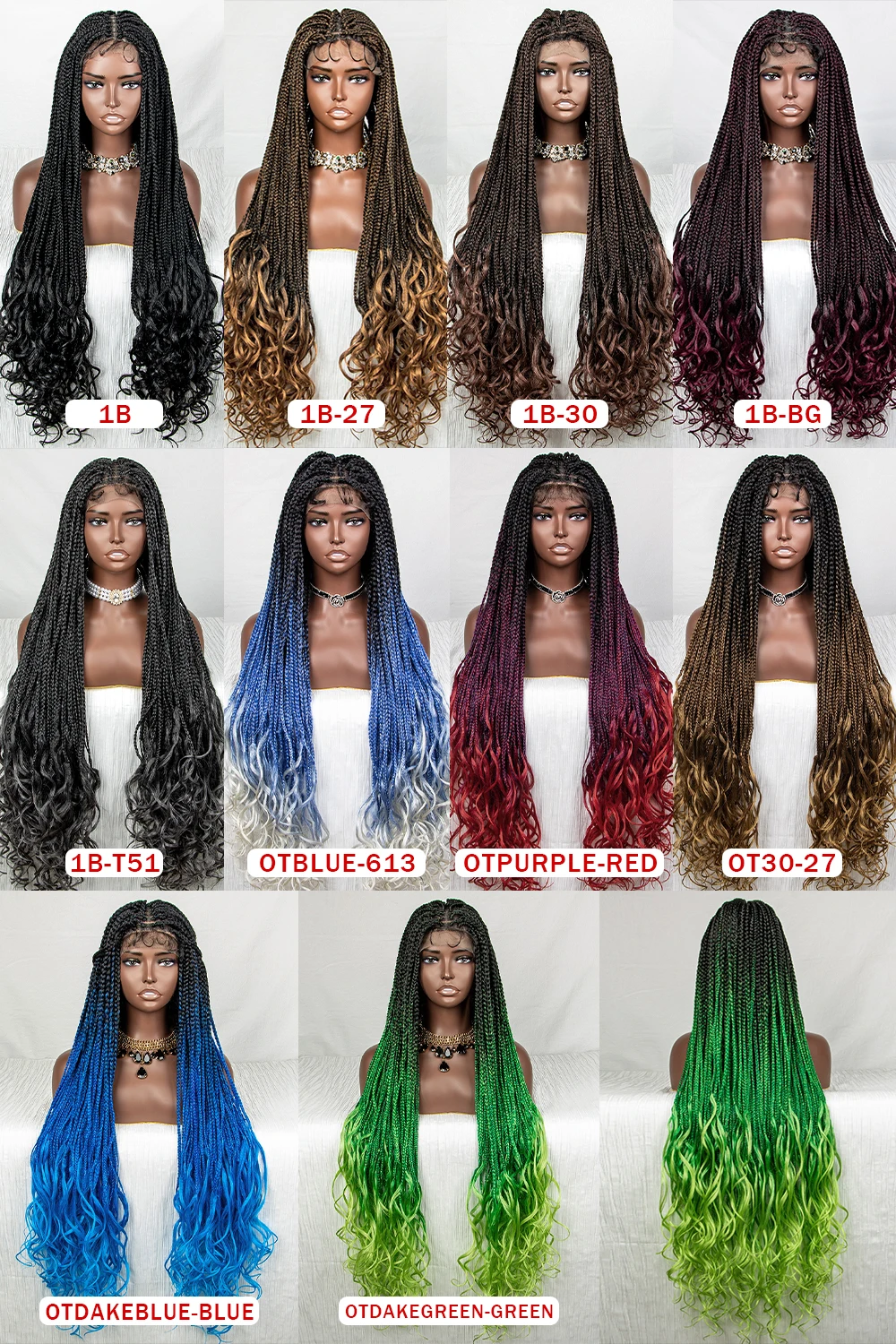 lace front box braid wig with curly end, different colors french curly loose wave braided wigs in stock