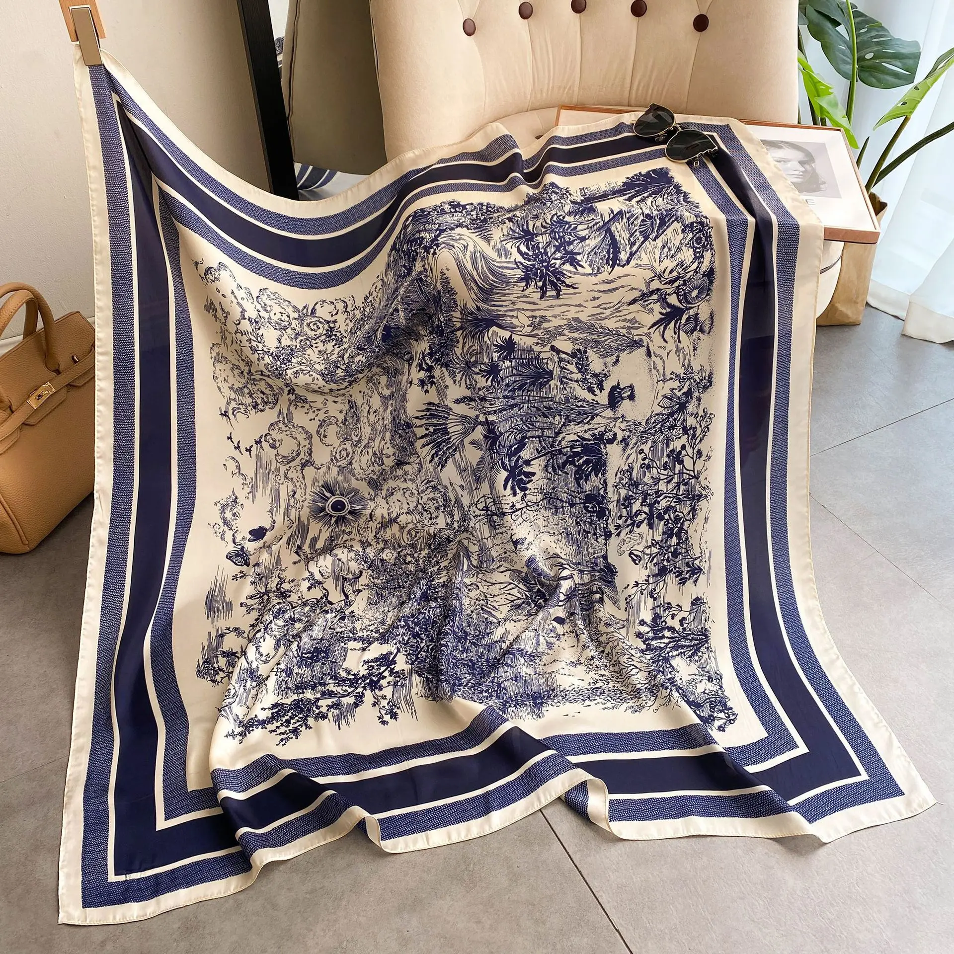 wholesale summer New  square silk scarf versatile printing decoration sunscreen 110cm silk scarf  shawls for women