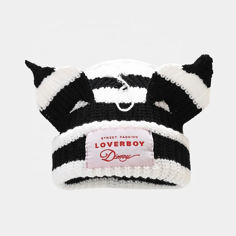 Landfond accessory Cute pig ears stitching knit hat stripe warm beanie hats