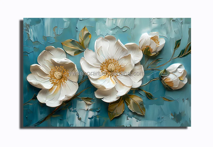 Custom Modern White Flower Canvas Painting Stereoscopic Style Framed Wall Art for Home Living Room Decor