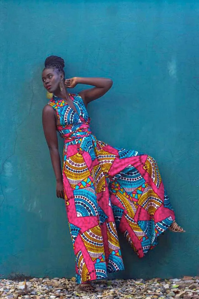  2021 Hot Selling Ethnic Style Print Bandage Wear African Ultra-wide-leg Jumpsuit Multi-way