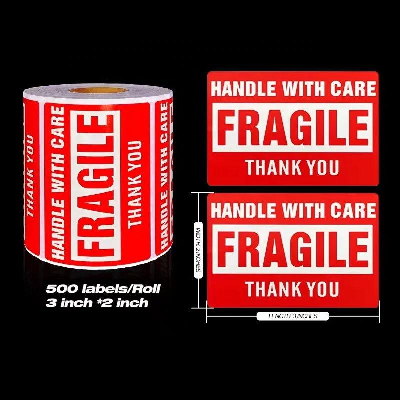 Fragile Stickers 2' x 3' Fragile label sticker - Handle with Care - Thank You Shipping Labels Stickers 500 Labels/Roll