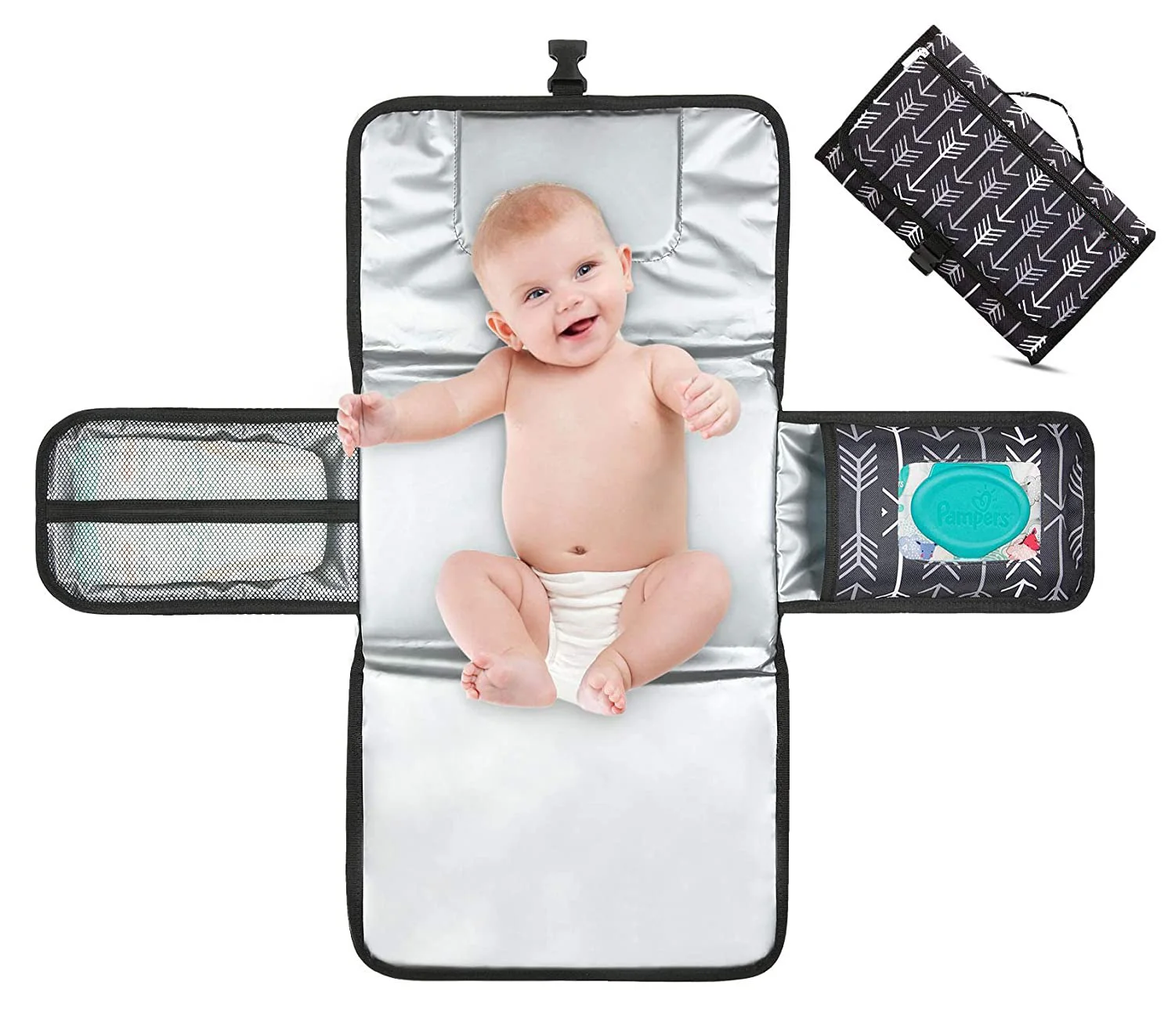 Portable Diaper Changing Pad with Built-in Head Cushion Waterproof Travel Changing Mat with Smart  Pocket