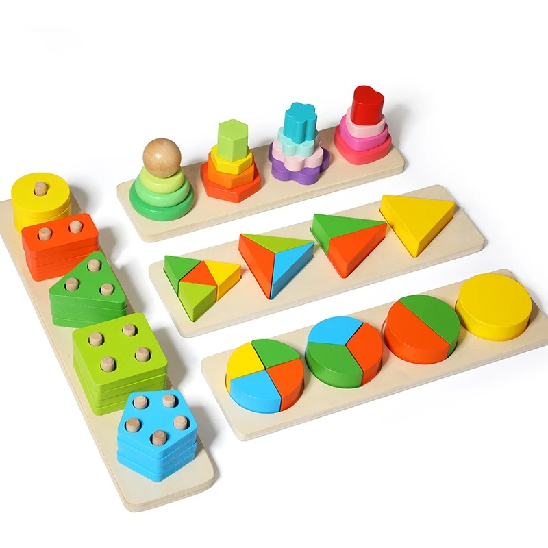 Kids Rainbow Wooden Educational Toy Multicolor Shape Sorter Stacking Block Geometric Stacker