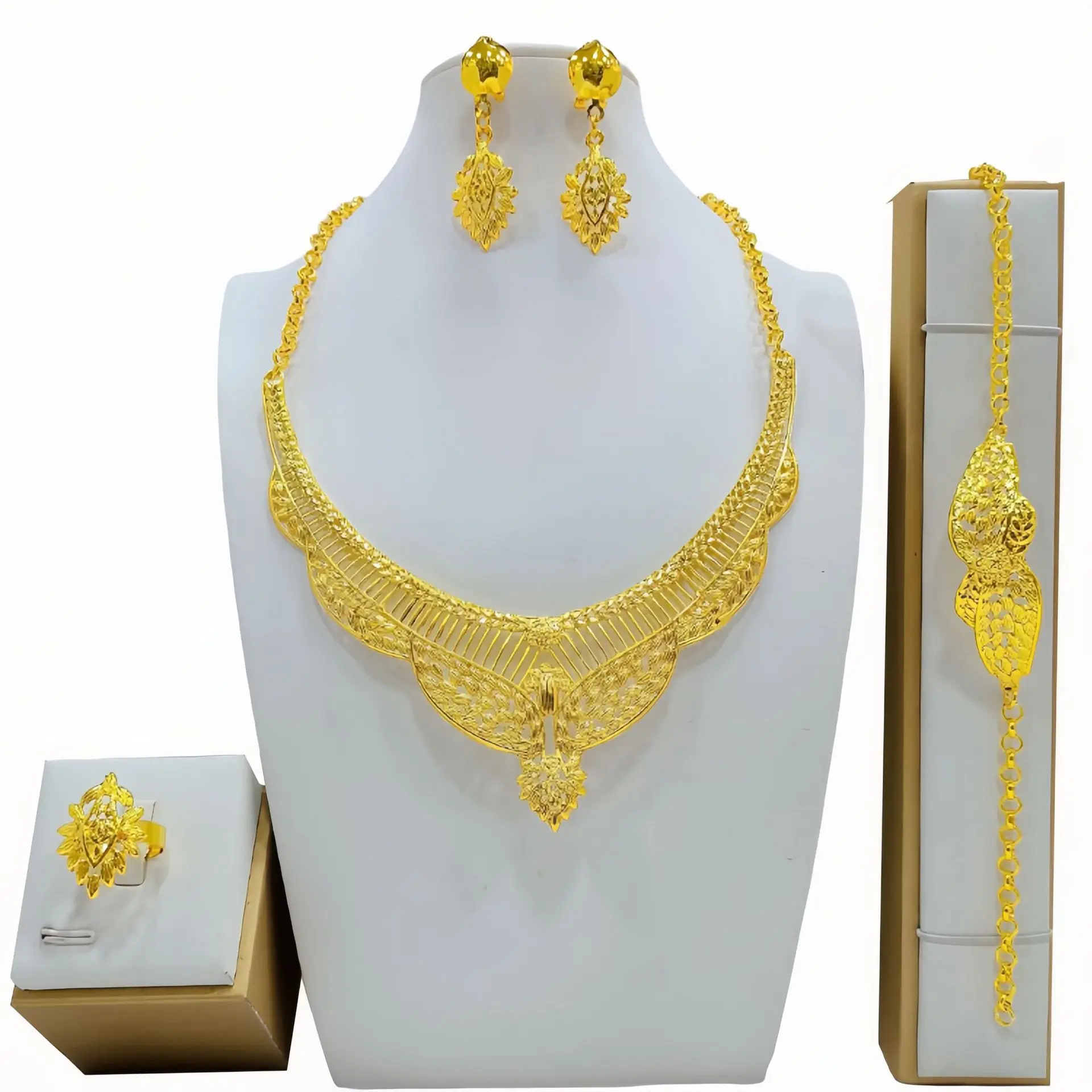 Dubai Gold Plated Jewelry Set Women Necklace Bracelet Earrings Ring Middle East Wedding Fashion Jewelry Sets