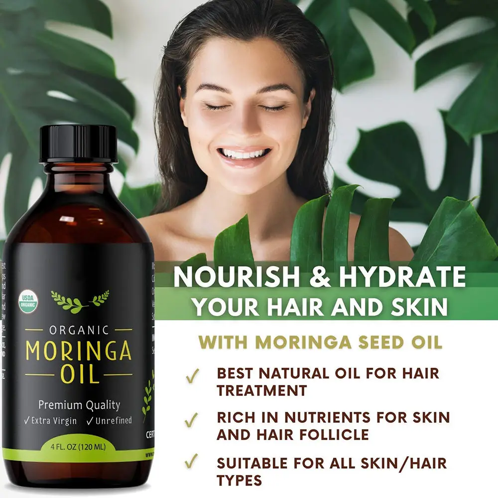 Private Label 120ML Reduces Fine Lines Wrinkles Moringa Oil For Face Body Pure Organic Cold Natural Moringa Seed Oil