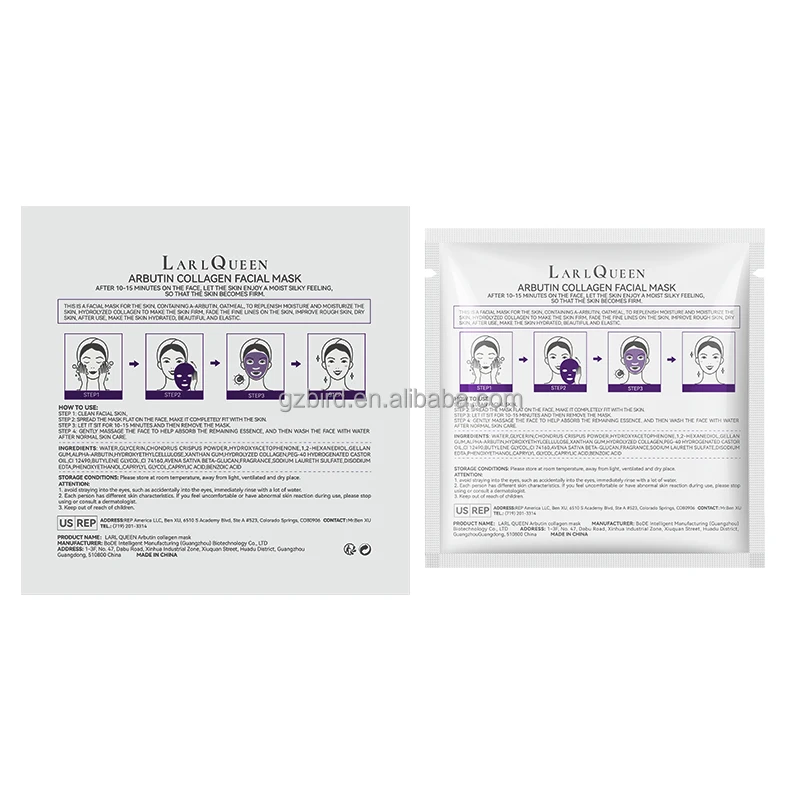 OEM Customized Natural Plant Extract Arbutin Facial Mask Filled with Collagen Wrinkle Removing and Moisturizing