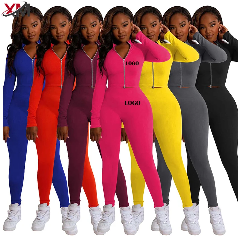 Factory Solid Color Plus Size  Women Set Zipper Tracksuits Outfits Family Matching Outfits Custom Logo Jogger Two Piece Set