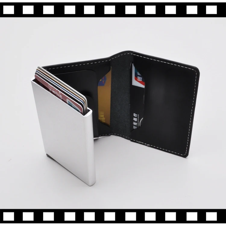 Hot selling leather RFID Blocking Pop Up Aluminum Card Case  Anti-Theft RFID Bank Credit Card Automatic Wallet