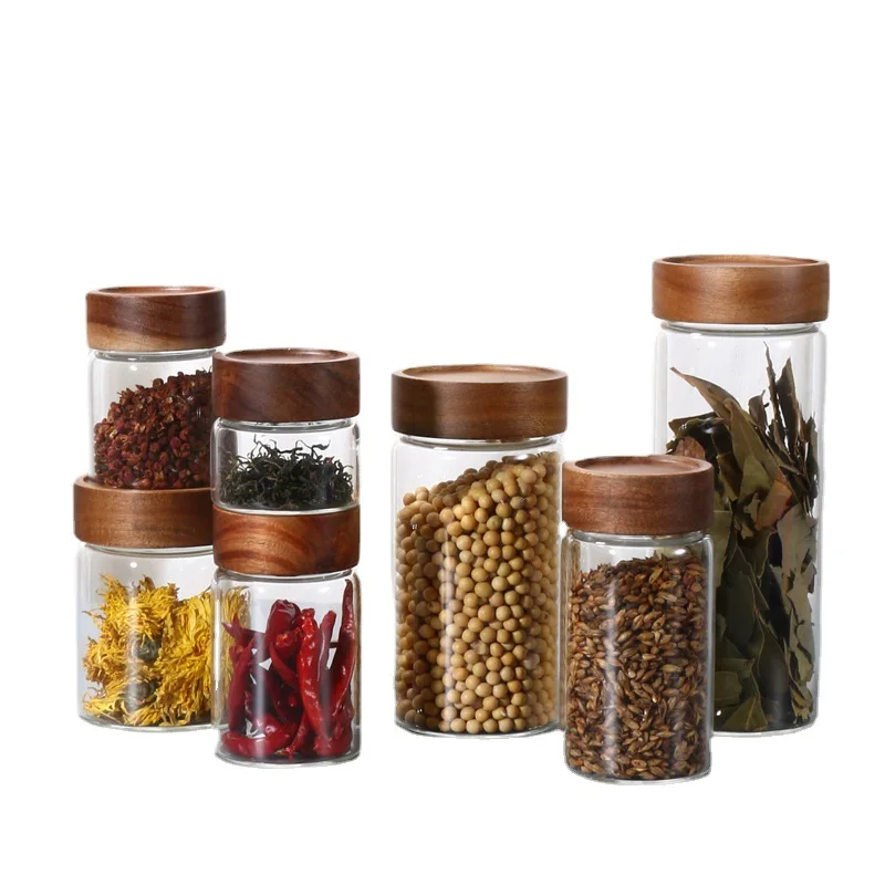 Factory Wholesale Multi Size Sealed Ring Storage Bottle Glass Jar Wooden Lid