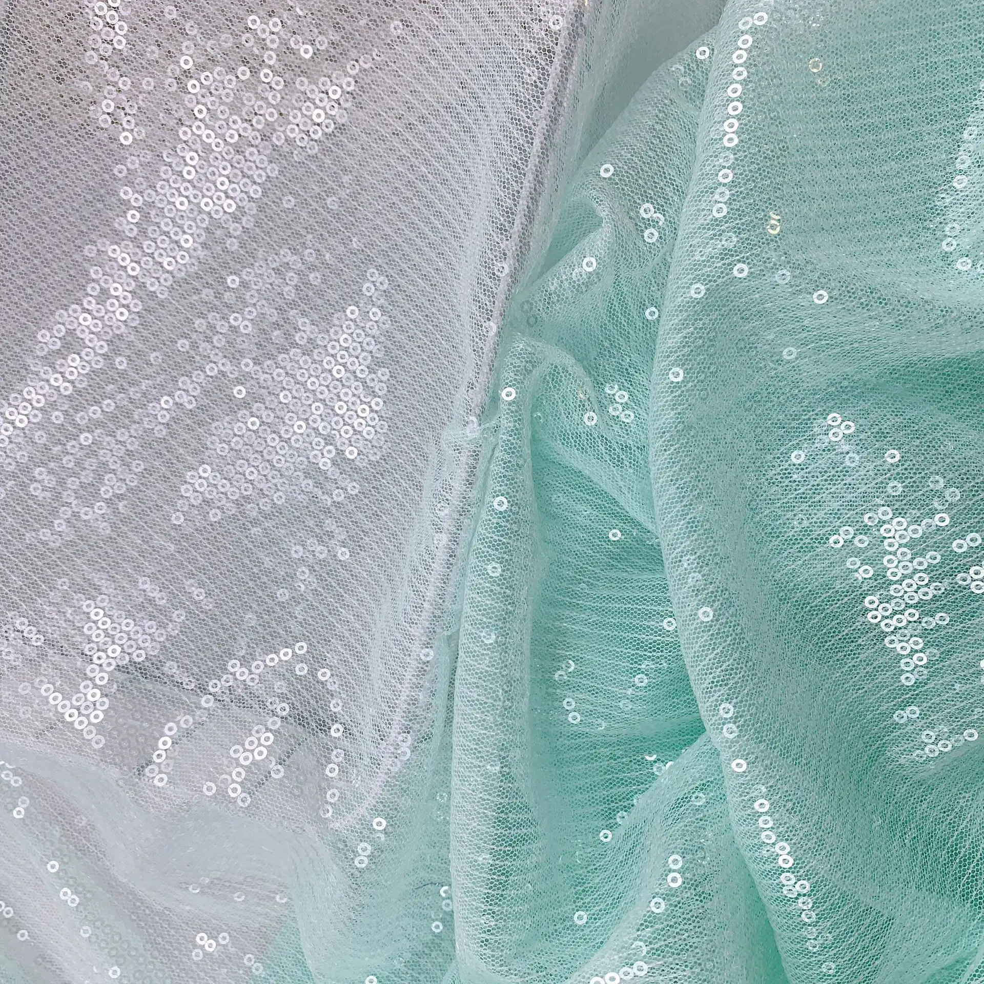 French luxury dress tulle fabric embroidery beige transparent sequin fabric