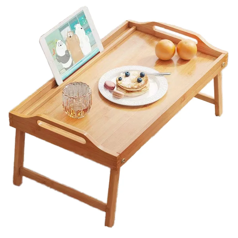 2024 Eco Friendly Couch Snacking Wooden Sofa Stand Serving Laptop Holder Breakfast Table Bamboo Bed Tray with Folding Legs