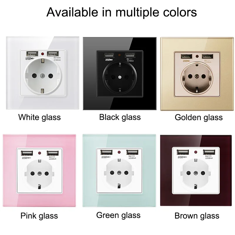 EU Standard 16 amp Glass Panel Homes Outlet Electric Cover Electrical Plate Power Plug USB German Outlet Wall Sockets