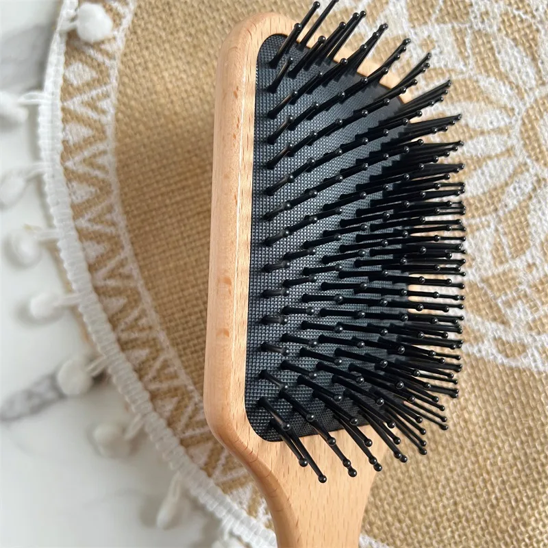 Japanese Minimalistic style Eco-friendly Custom Beech Wooden Paddle Air Cushion Hair Brush Detangling Massage Comb Home Salon