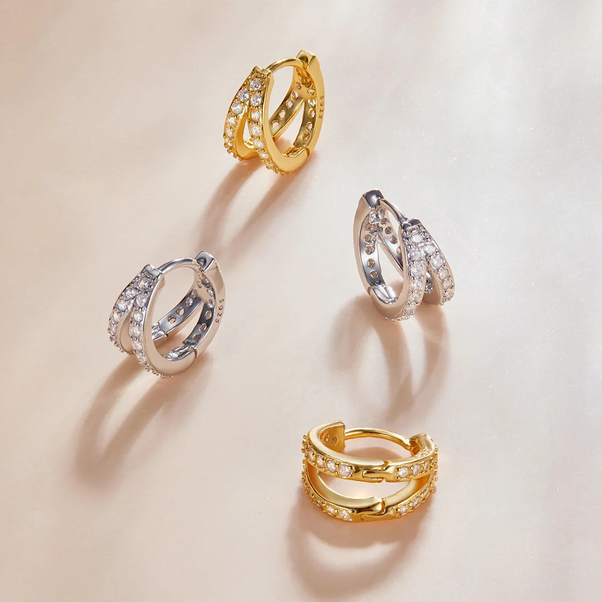 Spanish 925 Sterling Silver Modern Stylish Zircon Crystal Double Rings Ear Buckle Earrings Hoop for Women Wedding SCE1187