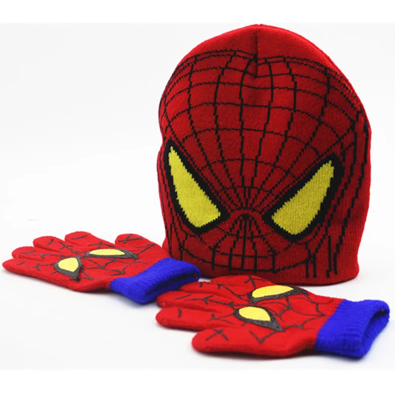 Fashion beautiful spider people knitting beanie yellow man cartoon knitted hat knit gloves set
