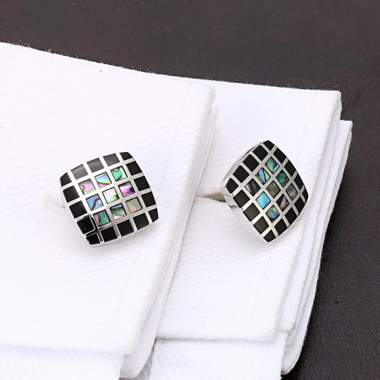 2022 Trendy High Quality Black And Colorful Shell Square Lattice Cufflinks Semi-Precious Stone For Mens Shirt