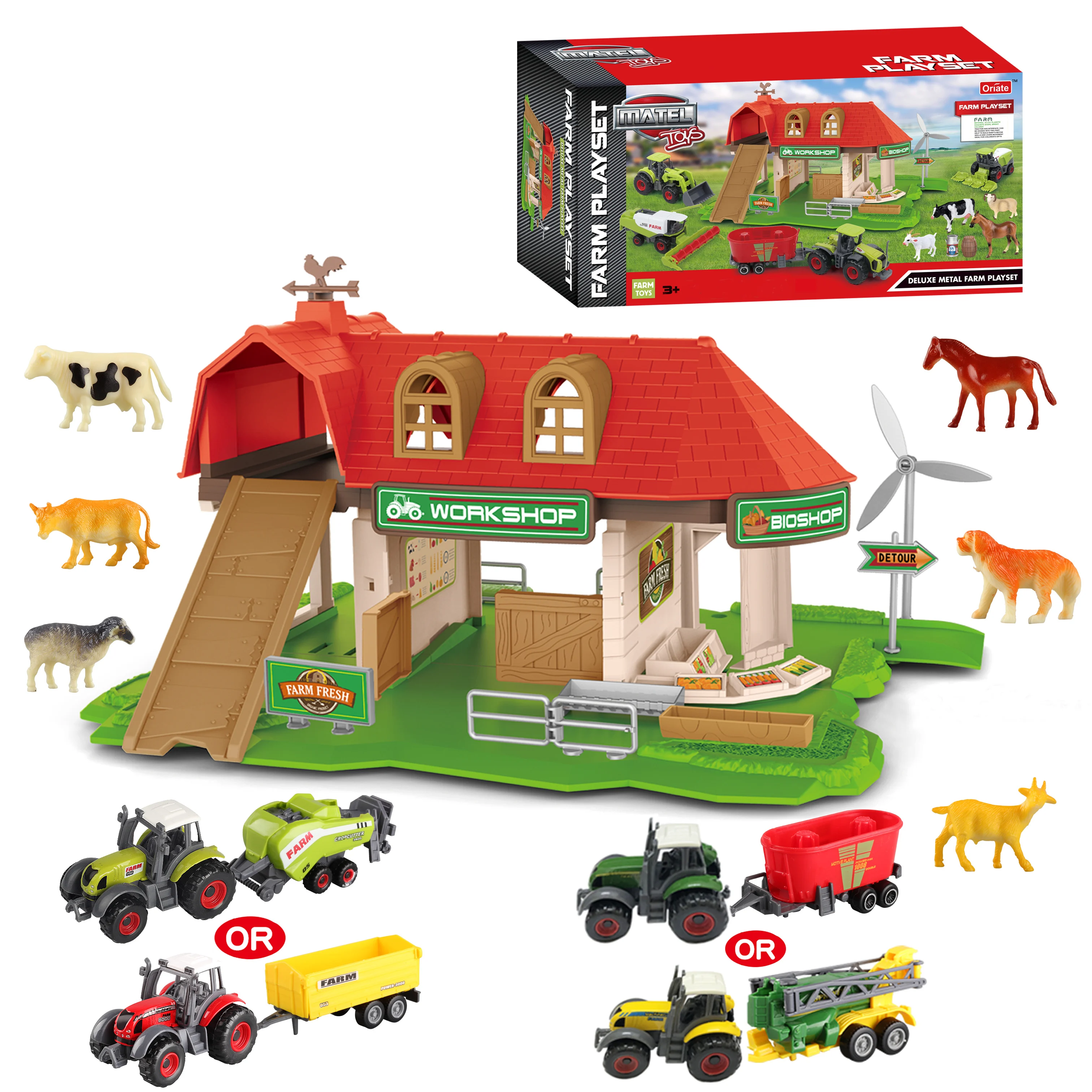 Sunq Factory Toy Barn Farm House with Tiny Farm Animals, Included 1Tractors & 1 Trailer - Farm Barn Toys for Kid