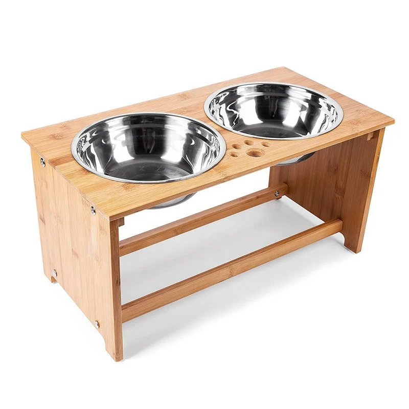 OEM custom logo adjustable height wooden stand pet dog cat dual stainless steel food water ceramic bowl