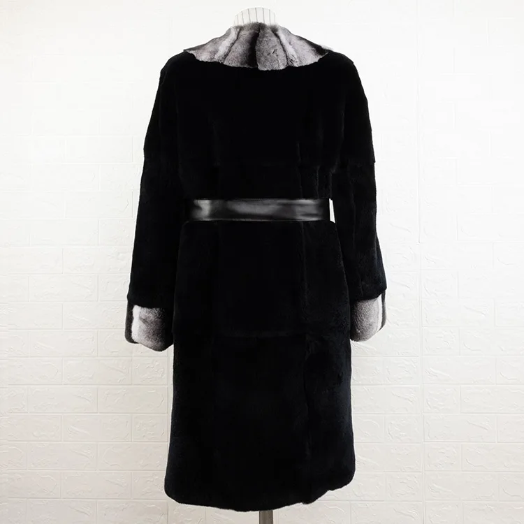 wholesale dyed chinchilla fur coat with belt black color long real rex rabbit fur coat for women