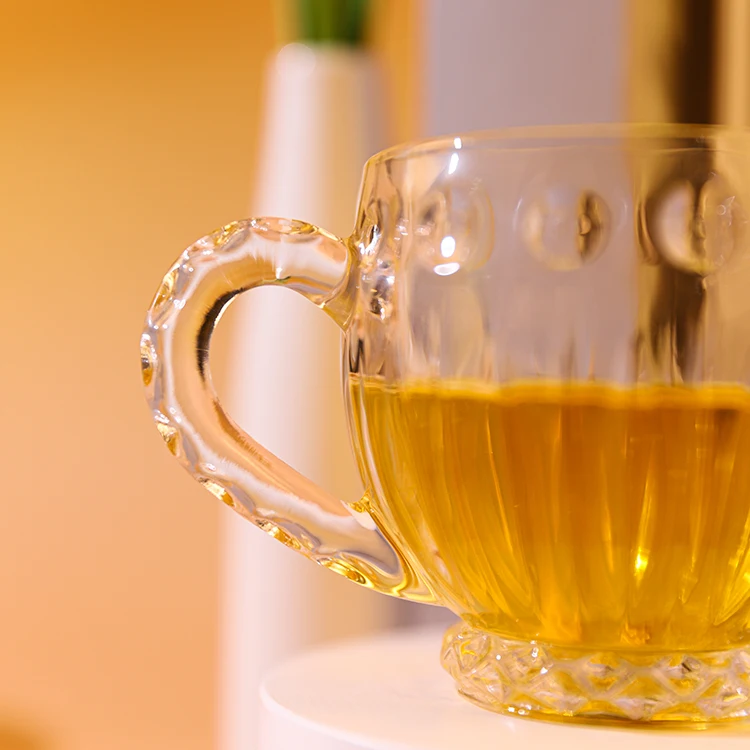 Blinkmax handle transparent custom engraved dimpled glass tea mug simple drink logo round mouth light luxury creative glass cup