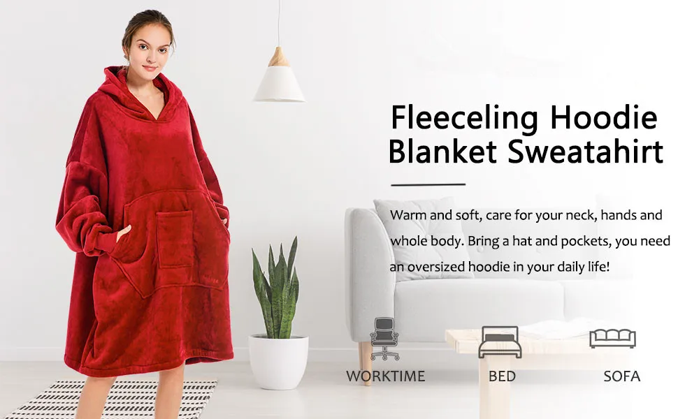 Adult Plush Fleece Hooded Blanket Sweatshirt Oversized Sherpa Wearable Hoodie Blanket with Pockets and Sleeves